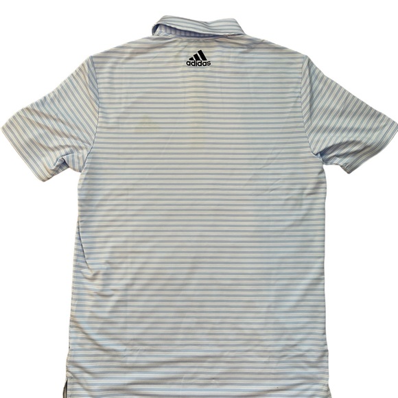 Adidas Men’s Stripe Polo Golf Shirt Light Blue and White Medium Mastercard Logo - Picture 2 of 8